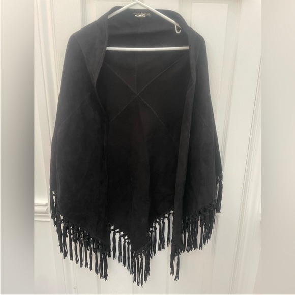 Pinotti made in Italy Black Leather/Suede fringe shawl - Picture 2 of 9